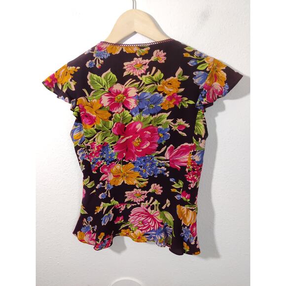 Nanette Lepore 100% Silk Black Pink Multi Floral Flutter Sleeve Faux Wrap Top 2 - Picture 5 of 8
